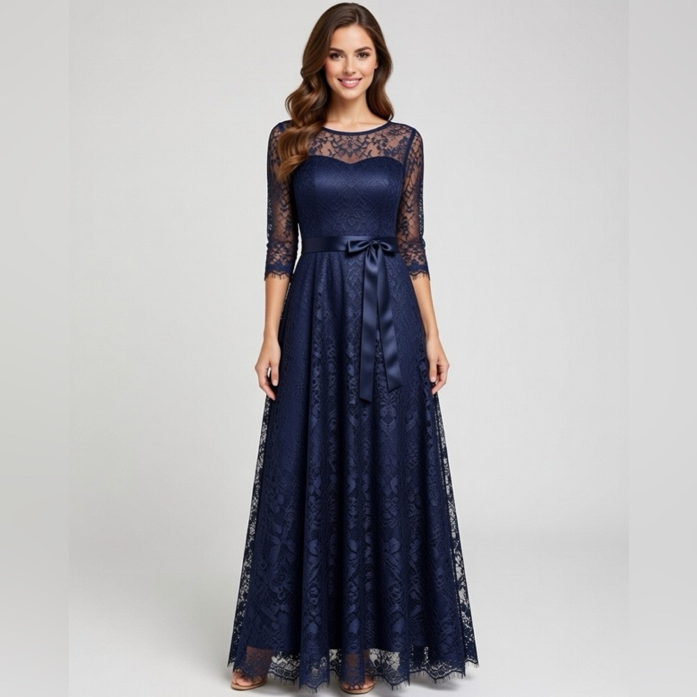 Xscape Navy Lace Long Sleeve Evening Gown Wedding Formal Attire
